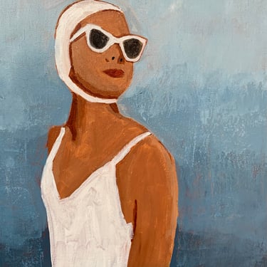 Retro swimmer, bathing cap, swimming pool art, beach house decor, interior design, 12x12x .5, 