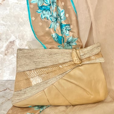 Large Leather Clutch, Brutalist Bone Embellishment, Reptile, Linen Trim, Skinny Strap Option, Cross Bag, Moskowitz, Vintage 80s 90s 