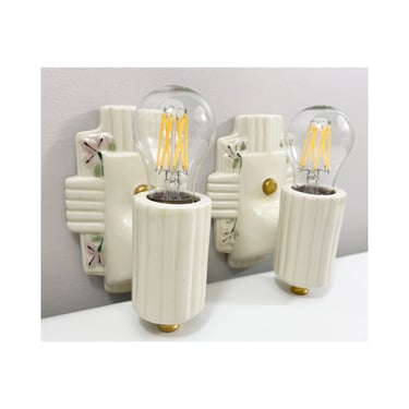 Refurbished Art Deco Wall Sconces for Bath - Pair - 1930's 1940's - Porcelier - Floral Lavender Lilies - Rewired for Hard Wire Use 