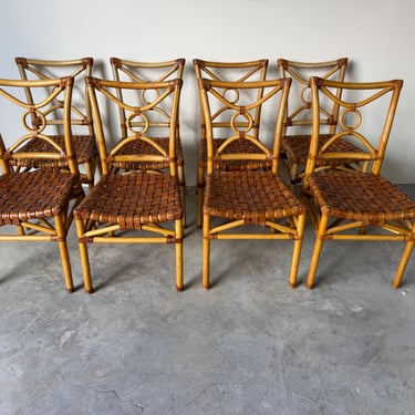 Vintage McGuire-Style Boho Chic Coastal Rattan & Leather Dining Chairs – Set of 8 
