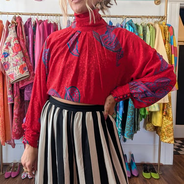 90s Adriana Papell Red Silk Mock Neck Blouse // Keyhole Paisley Evening Party Statement Vintage Top 