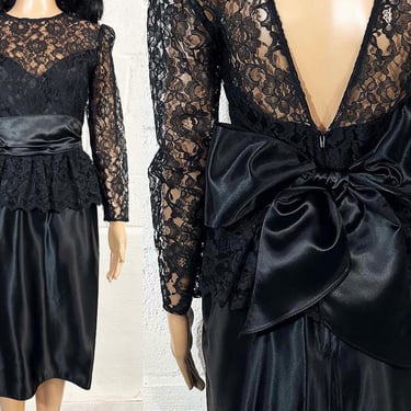 Vintage Gunne Sax Lace Dress Black Satin Cocktail Formal Open Back Peplum Prom 1980s XS 