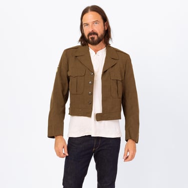 Vintage 1940s WWII Cropped Ike Army Jacket - Medium, 40R | Eisenhower Olive Drab Military Uniform Short Wool Coat 