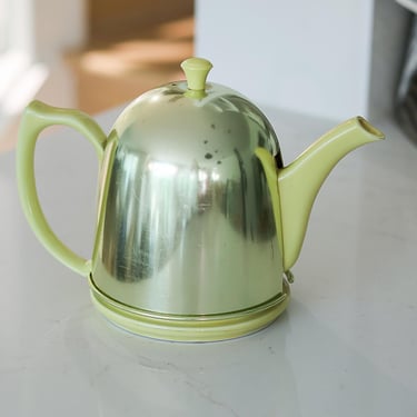 Vintage Hall China Cozy Teapot 1950s | Yellow Ceramic Tea Pot with Insulated Aluminum Cozy | Mid Century Modern Hall Pottery Decor 