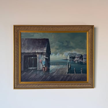 1970’s Vintage P. D. Kane Seascape Harbor Oil on Canvas Painting – Framed 