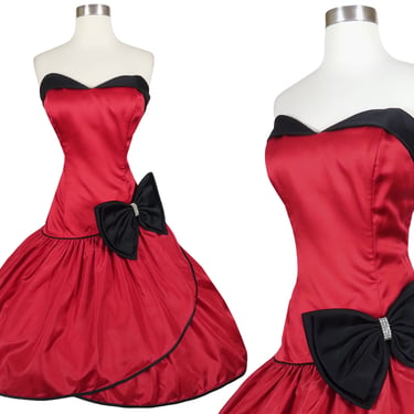 Vintage 80s 90s Prom Dress M Medium Cocktail Party Red Black Strapless Hi Lo Wrap Full Skirt Formal Costume Bow Womens 