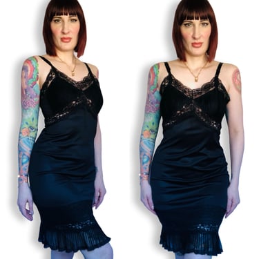 Vintage 1950's 1960's Black Nylon + Pleated Lace Slip Dress - size Small Medium 