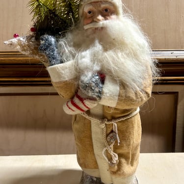 11&rdquo; RAGON HOUSE Primitive Vintage Santa,  Beige Suit, Snow Flocks, Spun Beard~Rare, Old  World Christmas Santa~ Collectible Figurine~ 1980s 