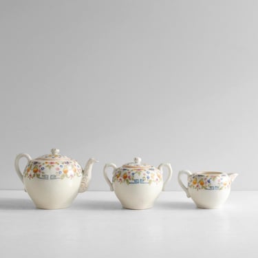 Vintage Nippon Porcelain Tea Set: Hand Painted Floral Teapot, Creamer, Sugar Bowl 