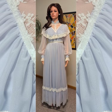 Vintage 1970s Periwinkle Blue Gunne-Sax-Style Sheer Sleeve Lace Trim Prairie Maxi Dress - 70s 80s Prom Wedding Formal 