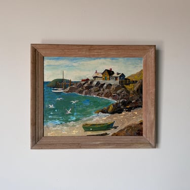 Vintage Impressionist Coastal Harbor Oil Painting on Canvas - Framed 