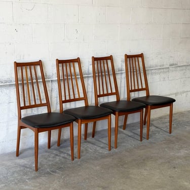 Teak High-Back Slat Dining Chairs Set of 4 Black Upholstery Danish Mid-Century Modern 1960s 
