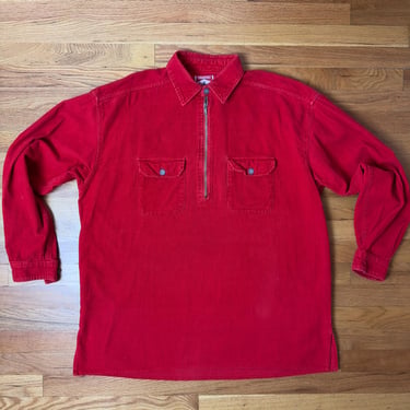 70’s Vintage red Corduroy Shirt- jacket~ Shacket /100% cotton Workshirt style~ pullover metal zipper front~ Large Boxy style by Marlboro 