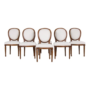 French Louis XVI Style Maple Dining Chairs in White Chenille - Set of 6 