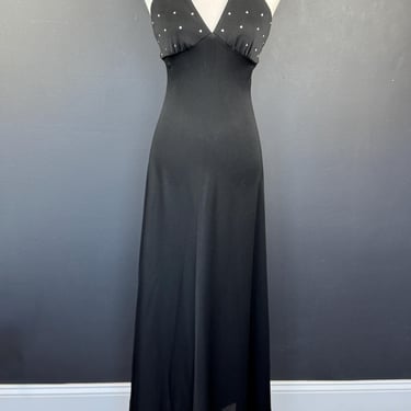 1970s Black Halter Dress With Rhinestones 