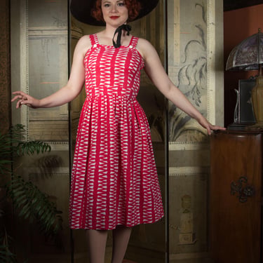 1950s Dress  - Adorable Cotton Seersucker Sun Dress in Red and White Geometric Print 