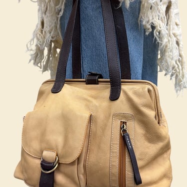Vintage Sophia Visconti Shoulder Bag 1990s Preppy + Camel and Dark Brown Leather + Hinged Top Opening + Shoulder Straps + Italian 