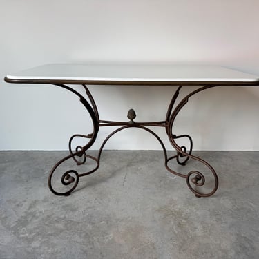 1960’s French Hollywood Regency Metal & Brass Indoor/Outdoor Dining Table With White Marble Top 