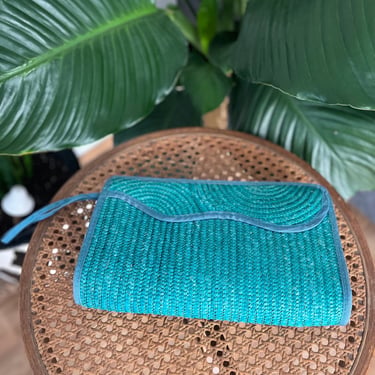 Vintage Teal Aqua Woven Straw Wristlet Clutch 