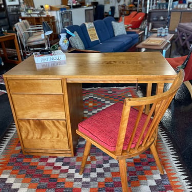 Mid Century Maple Writing Desk & Spindle Desk Chair Designed by Leslie Diamond for Conant Ball, c. 1950’s