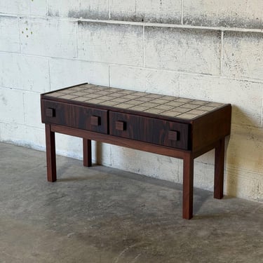 Rosewood 2-Drawer Entryway Console Table with Geometric Tiled Top Mid-Century Modern 1960s 