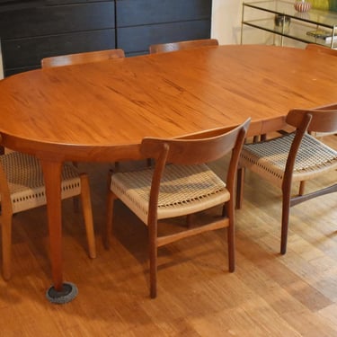 Restored Danish teak extendable dining set (Kofod Larsen table, six Hans Wegner CH23 chairs) 