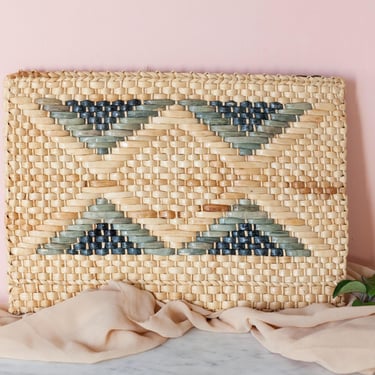 Magid Vintage Woven Clutch - Made in Italy - Bohemian 1960's Style Handbag - Oversized Clutch - Night Out Purse - Tan and Blue Triangles 