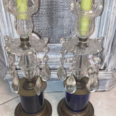30% off Pair of Regency Ormolu Cobalt Bristol Blue Crystal Tulip Prism Chandelier Pear Diamond Shape~1800s Column Candlesticks, George III 