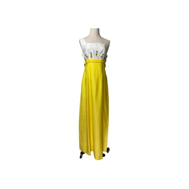 1970s Long Yellow Linen Dress with White Beaded Bodice 