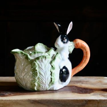 Vintage Fitz and Floyd Bunny Teapot with Carrot Handle, Spring Decor, Black and White Rabbit stands by Cabbage! Collector Gift, Cottagecore 