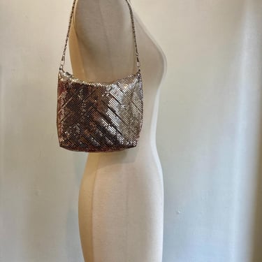 Vintage 80s Purse / WHITING & DAVIS / Silver Chain Mail / Woven Side / Shoulder or Clutch Option 