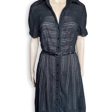 NWT Vintage Y2K does 1950's Style Jet Black Embroidered Cotton Eyelet Lace Fit and Flare Shirt Dress by Kay Unger - size Medium Large US 10 