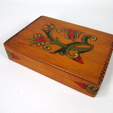 Hand Carved Painted Floral Box Folk Art Wood Lidded Chest Hinged Box Wooden Storage Vintage Dresser Top Box Trinket Keepsake Jewelry Gift 