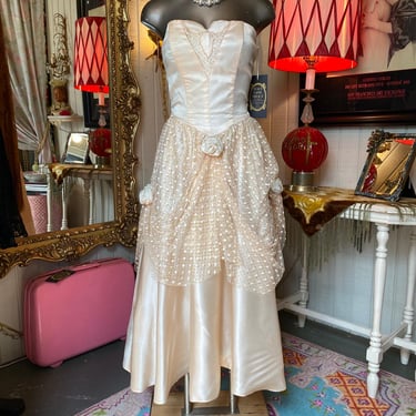 vintage 1980s blush satin prom dress strapless 80s formal glitter tulle cupcake 