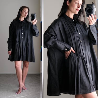 Vintage 90s FRENCH CONNECTION Deep Black Ramie Pleated Dress Length Bohemian Blouse | 100% Ramie | 1990s Designer LBD Mini Dress 