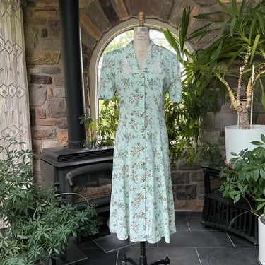 Vintage 1980s Pale Green Floral Button Front Corset Back Dress Ms Basia 