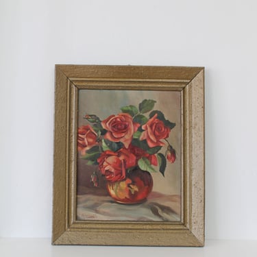 Vintage Floral Oil Painting, Framed Still Life Red Roses Flowers in Vase 