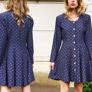 Vintage 90s Rampage Navy Blue + White Button Up Long Sleeve Short Skirt Skater Mini Dress S 