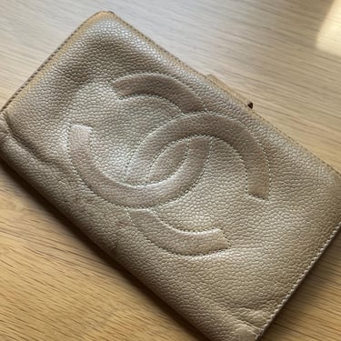 Vtg CHANEL Caviar Leather Bifold Wallet, Vintage Camel Brown Beige Bifold Wallet, Card and Cash Holder, Designer Leather Wallet 