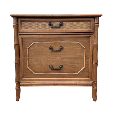 Faux Bamboo Nightstand by Broyhill 30” Tall - Vintage White Washed Wood 3 Drawer Bedside Table - Hollywood Regency Coastal Chest 