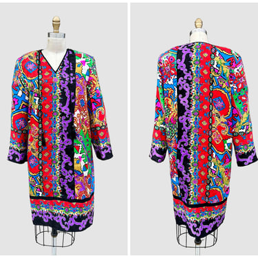 DIANE FRIES 80s/90s Vintage Silk Dress | 1980s 1990s Boho Abstract Flowy Floral Print Dress | Asian Patterns | Size Medium 