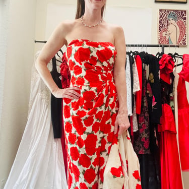 80s 90s Vintage Rose Floral Print Party WEdding Party Dress by Victor Costa // 80s Silk Party Dress wedding Strapless dress and Jacket 