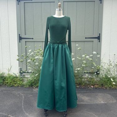 Vintage 1990s Green Matte Satin and Gliitter Formal Dress Scott McClintock 