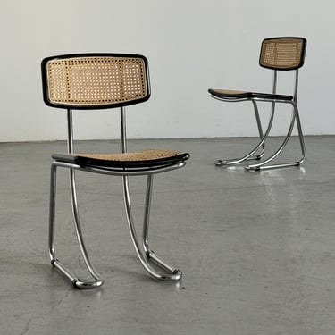 Pair of Vintage Cantilever Dining Chairs in Wood, Wickered Cane and Chrome in the Style of Marcel Breuer, Mid-Century Modern, 1970s Italy 