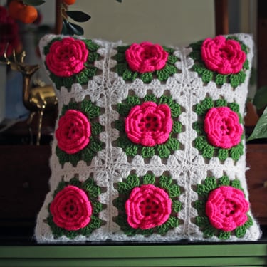 Vintage Crochet Pillow Cover, Pink Rose Granny Square Cushion, Boho Cottagecore Decor 