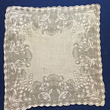 Antique 1910s 1920s Pale Yellow Sheer Lawn Handkerchief White Floral Print Scalloped Edge 