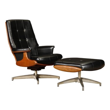Heywood Wakefield Recline and Swivel Lounge Chair and Ottoman, c 1950s Signed 