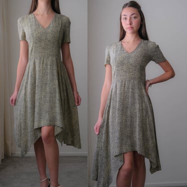 Vintage MARNI Light Tan & Black Abstract Polkadot Silk Asymmetrical Dress | Made in Italy | 100% Silk | 1990s Y2K Designer Boho Silk Dress 