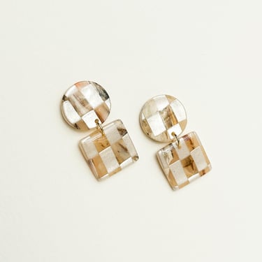 Handmade Checkered Resin Earrings: White and Sandstone Dainty Statement 