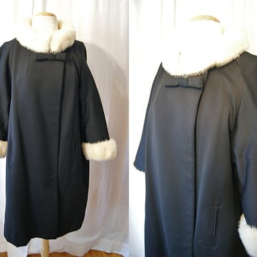 Chic 1950's I. Magnin & Co. black silk wool blend coat with ivory mink fur collar and cuffs rockabilly holiday glam - size Medium to Large 